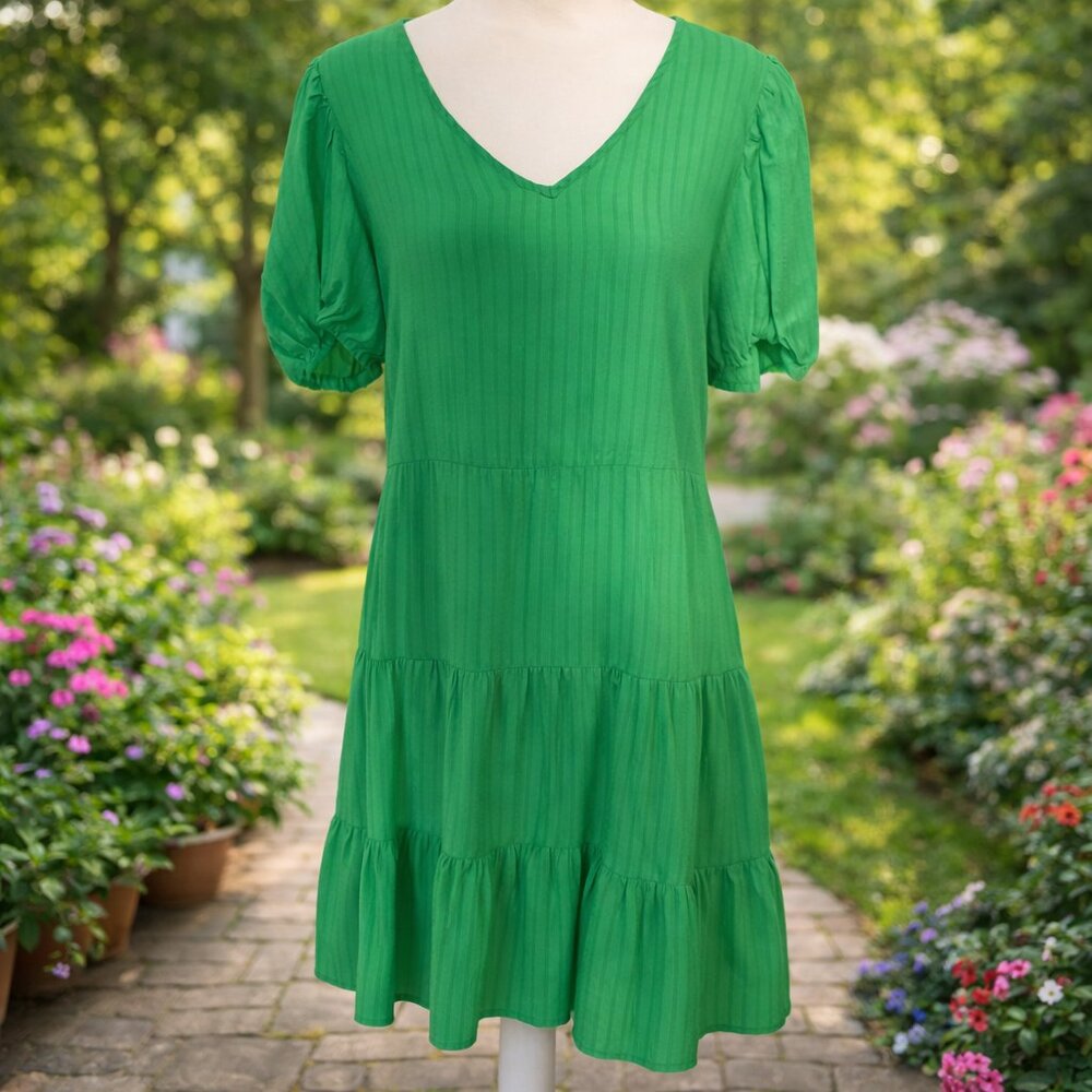 Green Smocked Puff Sleeve Midi Dress Open Back Cottagecore XL - Picture 2 of 8